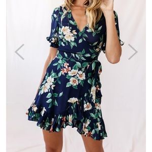 Omara Floral Wrap Ruffle Trim Dress Navy